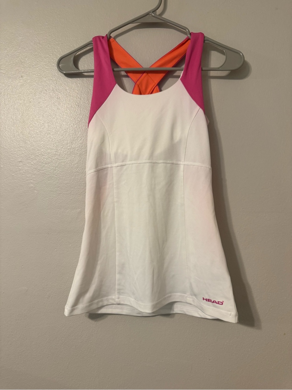 Head White Tank Top with Pink Shoulders and Orange Cross-Back
